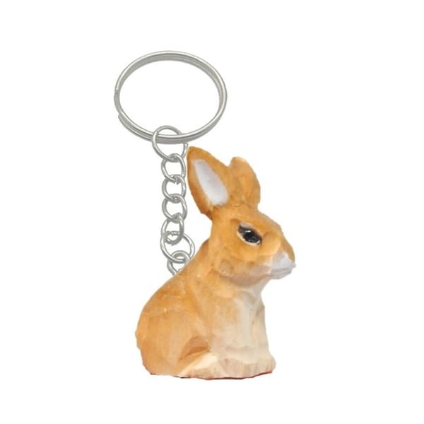 Brown Rabbit Bunny Keychain Ring Hook Clip Charm Miniature Wood Mini Figurine Small Animal