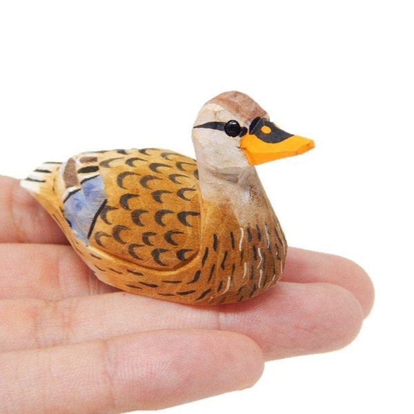 Female Mallard Wooden Duck Figurine - Brown Miniature Bird Statue Handmade Carving Home Decor Decoy Small Animals
