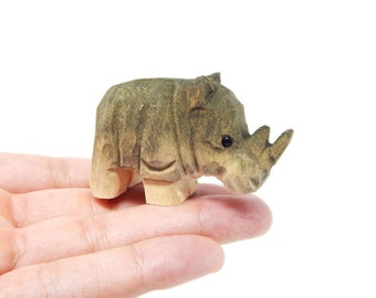 Rhino Handmade Wood Figurine Animal Statue Decoration Carving Miniature Small Gift Horned Sculpture