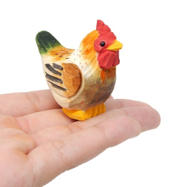Brown Hen Wood Figurine Farm Animal Statue Miniature Chicken Bird Art Carved Small Collectible