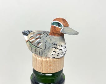 Eurasian Teal Hand-Carved Wooden Wine Stopper – Rustic Bottle Plug