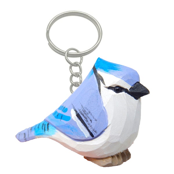 Blue Jay Keychain Ring Hook Clip Crested Jaybird Bird Charm Miniature Wood Mini Figurine Small Animal