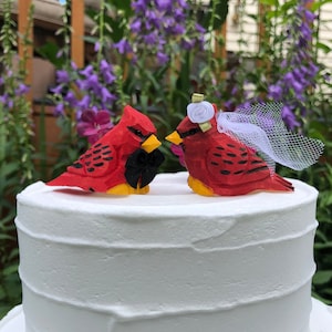 Cardinal Red Love Bird Cake Topper Bride & Groom Wedding Carved Wood