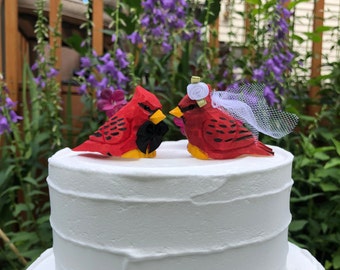 Cardinal Red Love Bird Cake Topper Bride & Groom Wedding Carved Wood