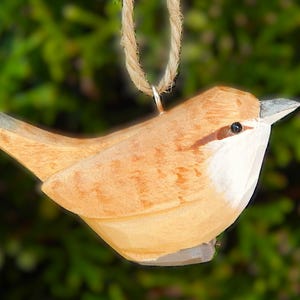 Wren Bird Wood Ornament Hanging Figurine Handmade Carved Decoration