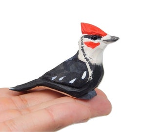 Pájaro carpintero - Estatuilla de madera Bosque apilado Bosque común Pecker Sapsucker Miniatura hecho a mano pájaro arte artesanía tallar pequeños animales coleccionables