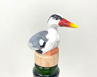 Hand Carved Wooden Stork Wine Stopper Figurine | Recycled Birch Wood Bird Décor