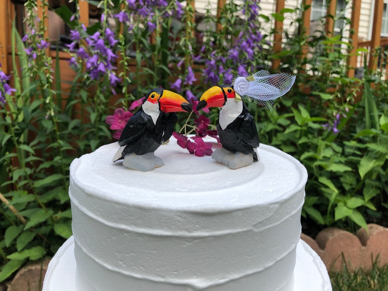 Toucan Love Birds Cake Topper Bride & Groom Wedding Engagement Anniversary Carved Wood Statue image 3