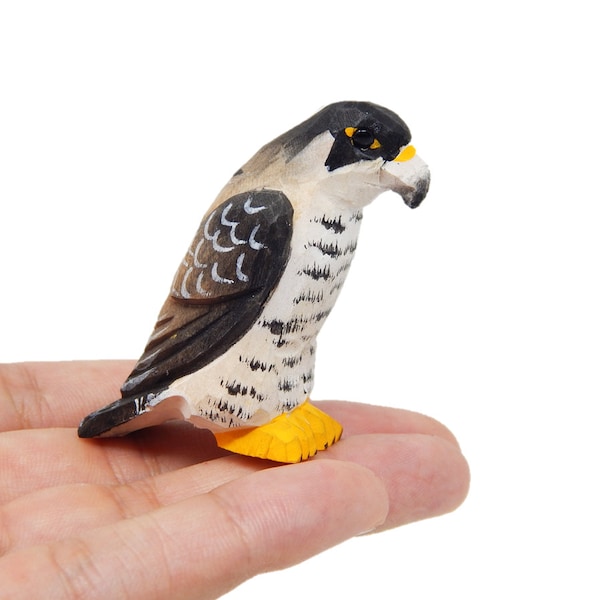 Peregrine Falcon Hawk - Small 2" Wood Art Figurine - Falconry Kestrel Bird of Prey Unique Art Carving Work Decoration Miniature Animals