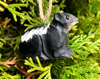 Hand Carved Recycled Wood Skunk Ornament: Forest Animal Figurine, Glass Eyes