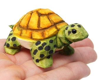 Turtle Tortoise Figurine Statue Small Wood Carving Handmade Decor Miniature Animals