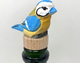 Blue Tit - Wine Stopper Wood Figurine Home Décor Handmade Bird Art Carved Statue Small Animals Collectible