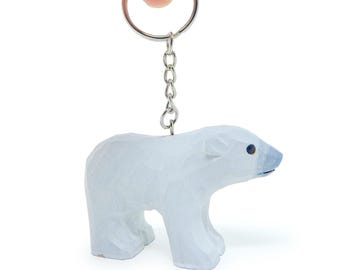 Porte-clés en bois ours polaire | Cadeau avec breloques animal arctique sculptées à la main
