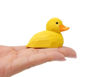 Baby Duck Yellow Bird Figure Statue Wood Decor Small Animal Bath Tub Miniature Carving