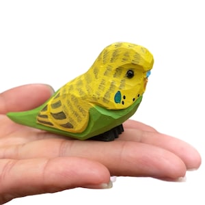 Green Yellow Parakeet Handmade Wood Figurine Decor Budgie Bird Pet Miniature Art Statue Craft Carved Small Animal Collectible Sculpture