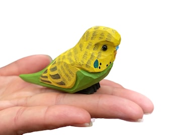 Yellow Parakeet Wooden Figurine | Hand Carved Budgie Bird Collectible