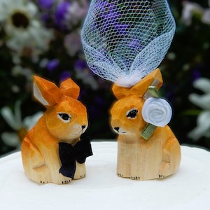 Brown Rabbit Bunny Cake Topper Bride & Groom Wedding Engagement Anniversary Carved Wood Statue