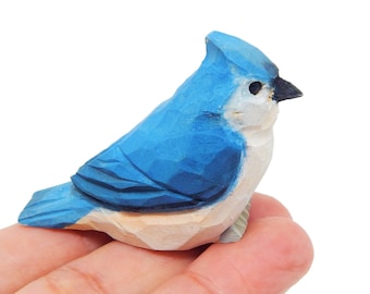 Tufted Titmouse Bird Wood Figurine Statue Blue Jay Sculpture Ornament Decor Miniature Art Carve Small Animal