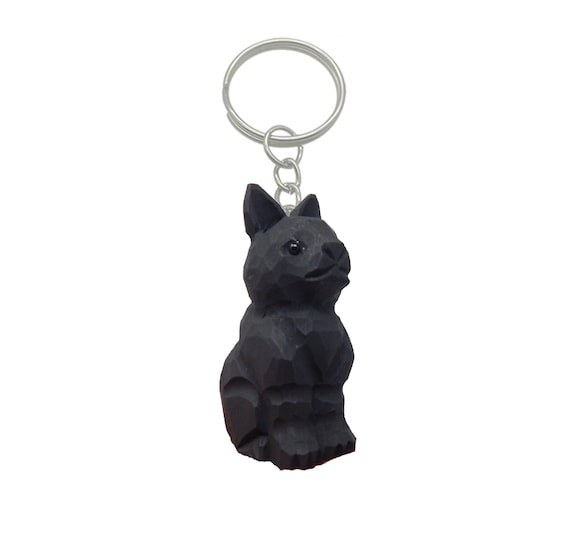 Black Cat Keychain Ring Hook Clip Charm Miniature Wood Mini