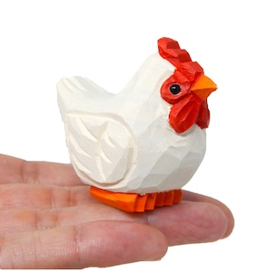White Hen Wood Figurine Chicken Miniature Bird Art Statue Mini Carved Ornament Small Farm Animals Collectible