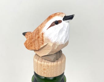 Carolina Wren Wine Stopper Wood Figurine Statue Common Bird Miniature Handmade Art Craft