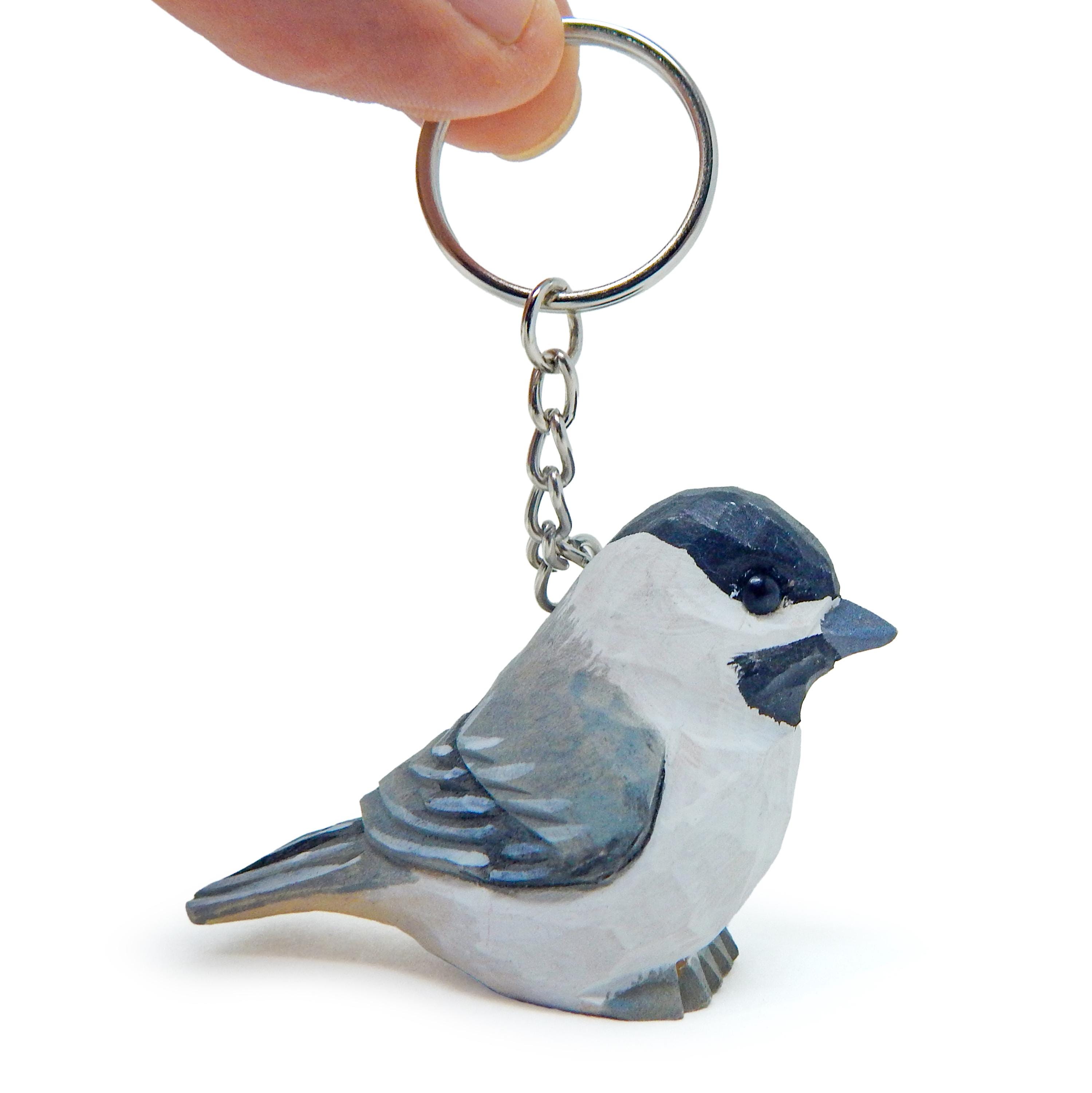 Chickadee Black-Capped Chick Tit Keychain Ring Clip Charm Bird Miniature Wood Songbird Mini Figurine Small Animal