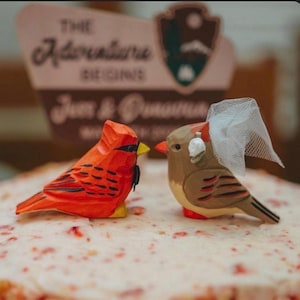 May include: Two wooden bird cake toppers. A bright red cardinal with a black bow tie and a brown bird with a white veil. The cake toppers are on a cake with a pink and white pattern. The sign in the background says "The Adventure Begins".