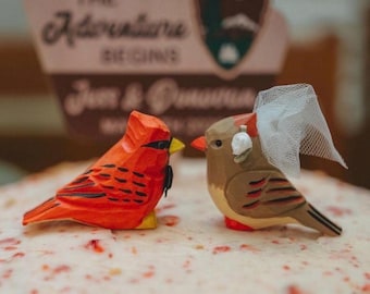 Cardinal Wedding Cake Topper Set | Hand-Carved Wooden Bride Groom Bird Decor