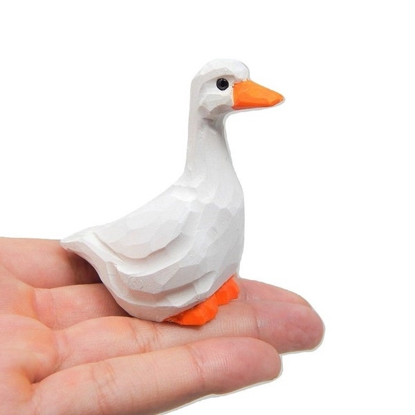 Hand-Carved Wooden White Goose Figurine: Miniature Bird Home Decor Collectible