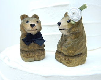 Brown Bear Cake Topper Bride & Groom Love Wedding Engagement Anniversary Carved Wood Statue