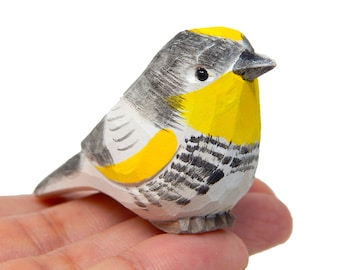 Yellow Rumped Warbler Wood Figurine Statue Myrtle Bird Miniature Handmade Art Craft Carve Small Animal