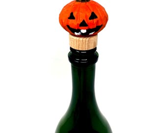 Pumpkin Jack-O’-Lantern Wine Stopper Wooden | Hand Carved Rustic Fall Harvest Autumn Accent