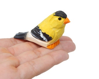 American Goldfinch Handmade Wood Figurine Miniature Yellow Bird Art Statue Carved Ornament Small Animals Collectible