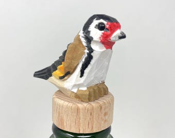 Handmade European Goldfinch Bird Wine Stopper Wood Figurine: Miniature Carved Animal Statue