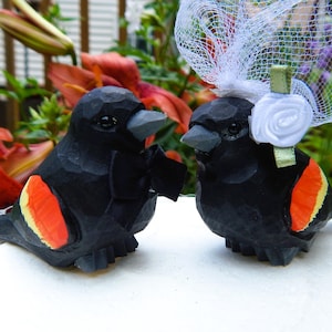 Red-Winged Blackbird Wedding Cake Topper Love Birds Bride Groom Engagement Anniversary Carved Wood Statue