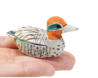 Eurasian Teal Duck - Green Wing Miniature Common Hand Painted Wood Folk Art Decoy Mini Carved Bird Ornament Figurine Small Animal