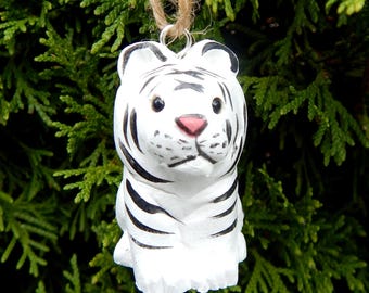 Weißer Tiger Ornament | Handgeschnitztes hölzernes rustikales Dekor der Big Cat