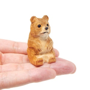 Brown Bear Figurine - Small 2" Wooden Carving Handmade Decoration Miniature Animal Grizzly Forest Statue Art Craft