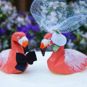 Flamingo Wedding Cake Topper Love Bird Sposa e sposo Fidanzamento Anniversario Statua in legno intagliato