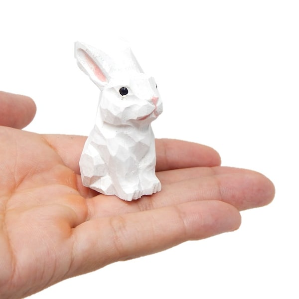 Rabbit, Bunny, Hare - Miniature Wooden Figurine Statue Carving Handmade Decor Animals Ornament Small Animals