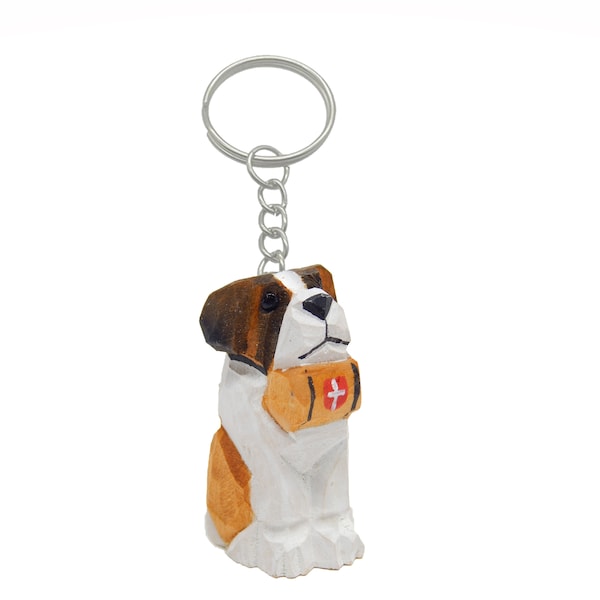 Bernard Dog Puppy Keychain Ring Hook Clip Charm Miniature Wood Mini Figurine Small Animal