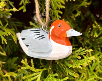 Hand-Carved Recycled Wood Pintail Duck Ornament, Hand-Painted Bird Figurine, Glass Eyes