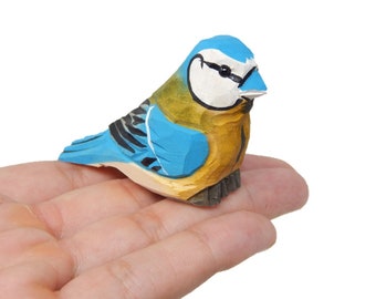 Blue Tit - Wood Figurine Home Decor Handmade Bird Art Carved Statue Small Animals Collectible