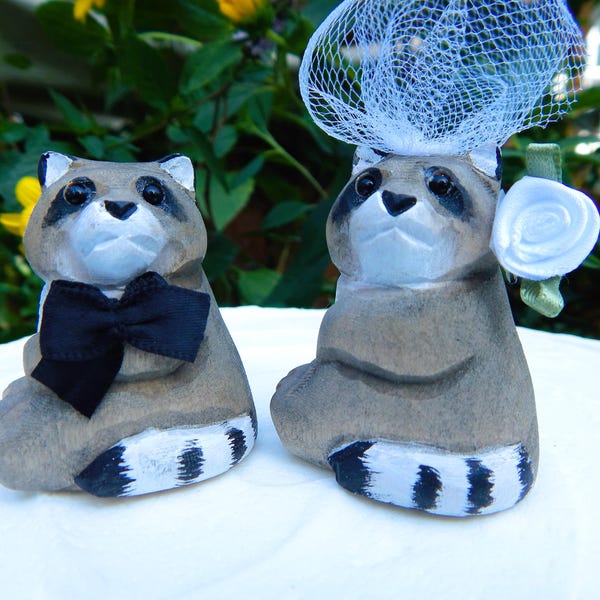 Adorno para tarta de boda de mapache, elegante estatua de madera tallada hecha a mano para novios, compromiso y aniversario.