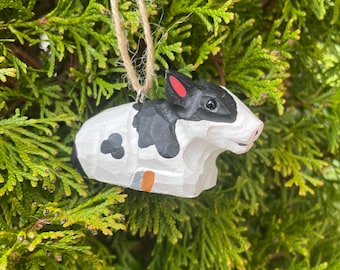 Spotted Cow Ornament Hanging Figurine | Hand Wooden Carved Farm Animal Collectible