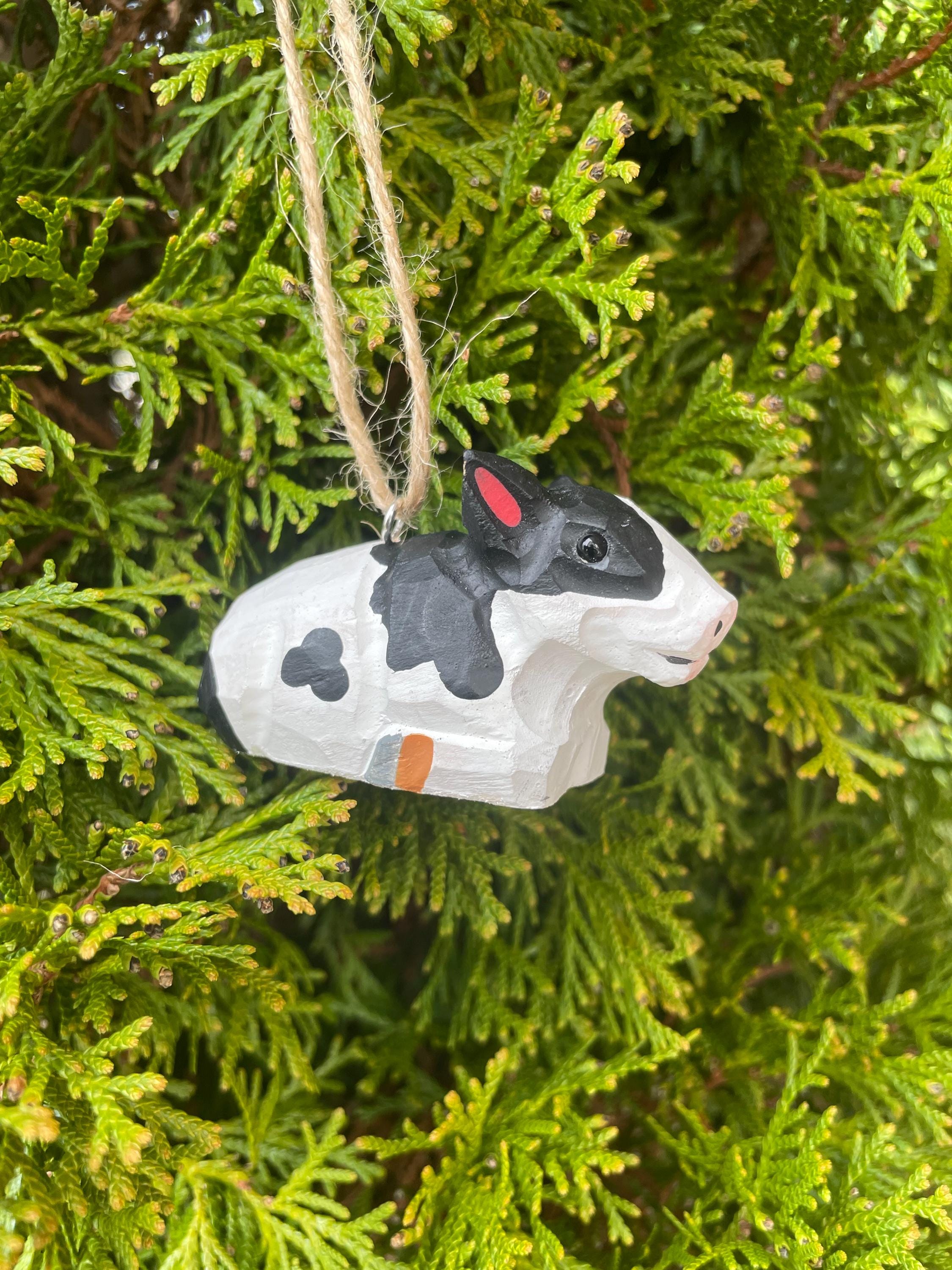 Spotted Cow Ornament Hanging Figurine Hand Wooden Carved Farm Animal Collectible