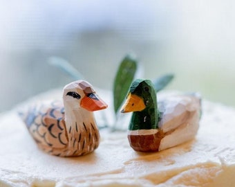 Mallard Duck Love Birds Cake Topper Bride & Groom Wedding Engagement Anniversary Carved Wood Statue