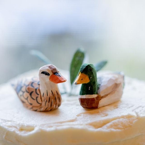 Mallard Duck Love Birds Cake Topper Bride & Groom Wedding Engagement Anniversary Carved Wood Statue