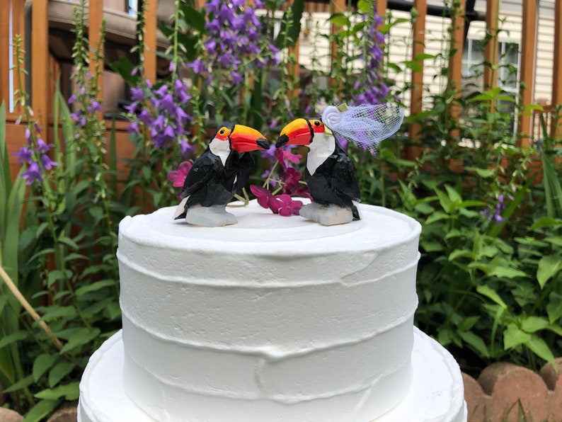 Toucan Love Birds Cake Topper Bride & Groom Wedding Engagement Anniversary Carved Wood Statue image 2