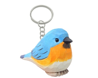 Eastern Bluebird Keychain Ring Hook Clip Bird Charm Miniature Wood Mini Figurine Small Animal